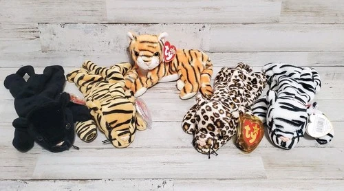 Lot of 5 Vintage Ty Beanie Babies - CATS- Blizzard,Stripes,Velvet,Freckles,India