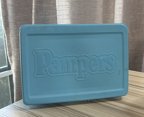 Vintage 1990s Pampers Baby Wipes Empty Blue Plastic Hinged Container Refillable