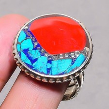 Red Coral Tibetan Turquoise Handmade Boho Nepali Jewelry Adjustable Ring SR 3408