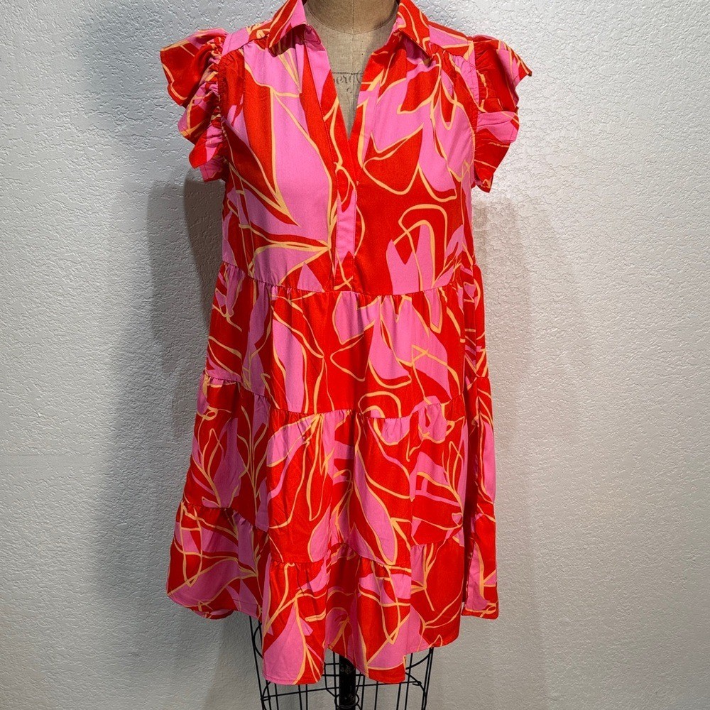 Mittoshop Women Small Vibrant Red Pink Ruffle V-Neck Short Sleeve Dress NWT