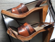 Vtg Leather Patchwork Wood Platform Strap Clog Sandal Shoes 7