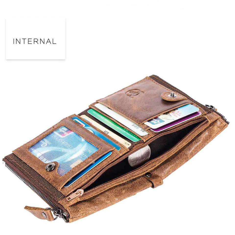 Vintage cowhide leather men's zipper wallet with ID card slot travel coin holder - Image 3 of 4