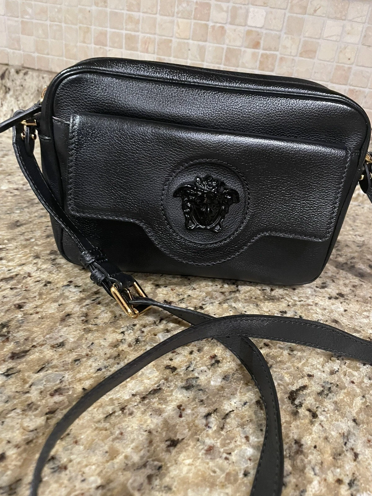 Versace — $1,275 VERSACE Black Grained Calf Leather LA MEDUSA LOGO Crossbody Camera BAG