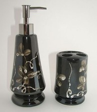 NEW 2 PC SET BROWN WHITE CERAMIC FLOWER SOAP/LOTION DISPENSER TOOTHBRUSH HOLDER