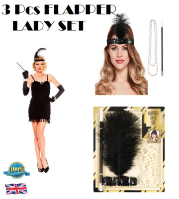 SOPHIE LTD 3Pcs FLAPPER LADY SET Retro Party Set Gatsby Flapper Charleston 1920 Fancy Dress