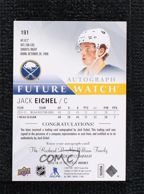 2015-16 SP Authentic Future Watch Inscribed /50 Jack Eichel #191 Rookie Auto RC - Image 2 of 2