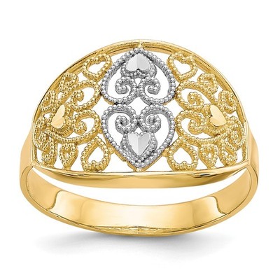 Filigraner Herzring 10 Karat Gelbgold mit weißem Rhodium Größe 6