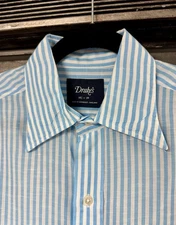 DRAKE’S London cotton/linen Blue Striped Shirt sz. 15.5/39 Made in England $375