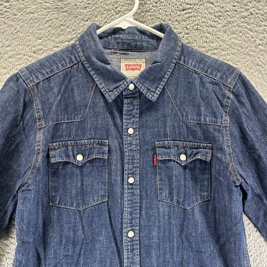 Levis Button Shirt Boys 12-13 Blue Denim Long Sleeve Dark Wash Cotton - Image 2 of 4
