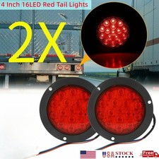 2 PCS Red 16 LED 4" Round Truck Trailer Tail Stop Turn Brake Lights Grommet