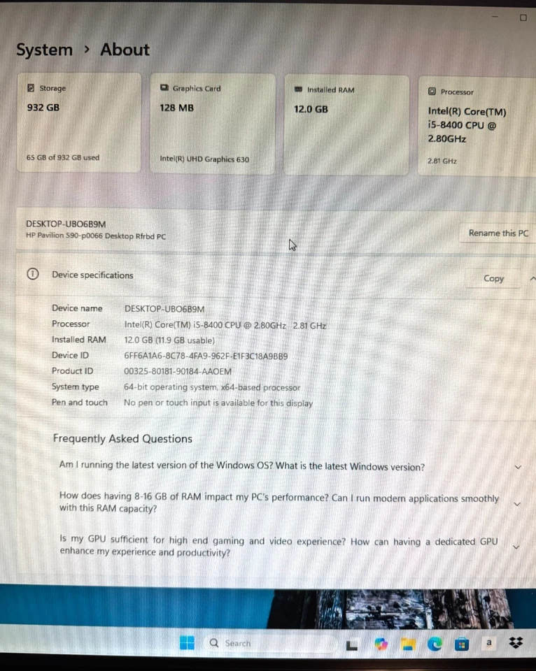 HP Pavilion PC 590-p0066 Desktop Computer CORE i5-8400 12GB RAM + Monitor Bundle - Image 4 of 4