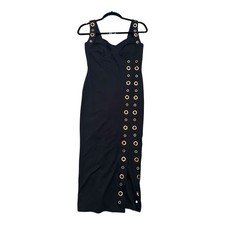 Black Bodycon Dress with Gold Grommet Accents, Sleeveless, Long, Strappy