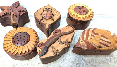 Handmade Intarsia Wooden Puzzle Boxes - Set of 6 - Below our Cost - FLA Style