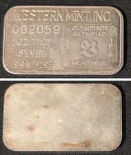Vintage 1975 Western Mint 1 oz .999 Silver Art Bar ~  1976 Montreal Olympic Game