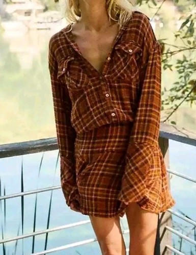 Abito Free People Milo giallo marrone quadri bottoni davanti XS nuovo con etichette - Foto 1 di 5