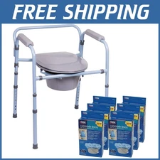 Folding Bedside Commode with 42 Liners - Supports 300lbs