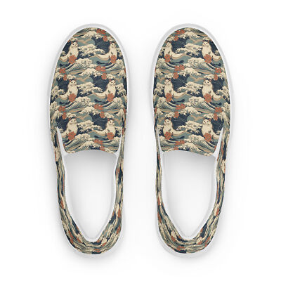 Japanese Cat Ocean Wave Custom Women s slip-on canvas shoes