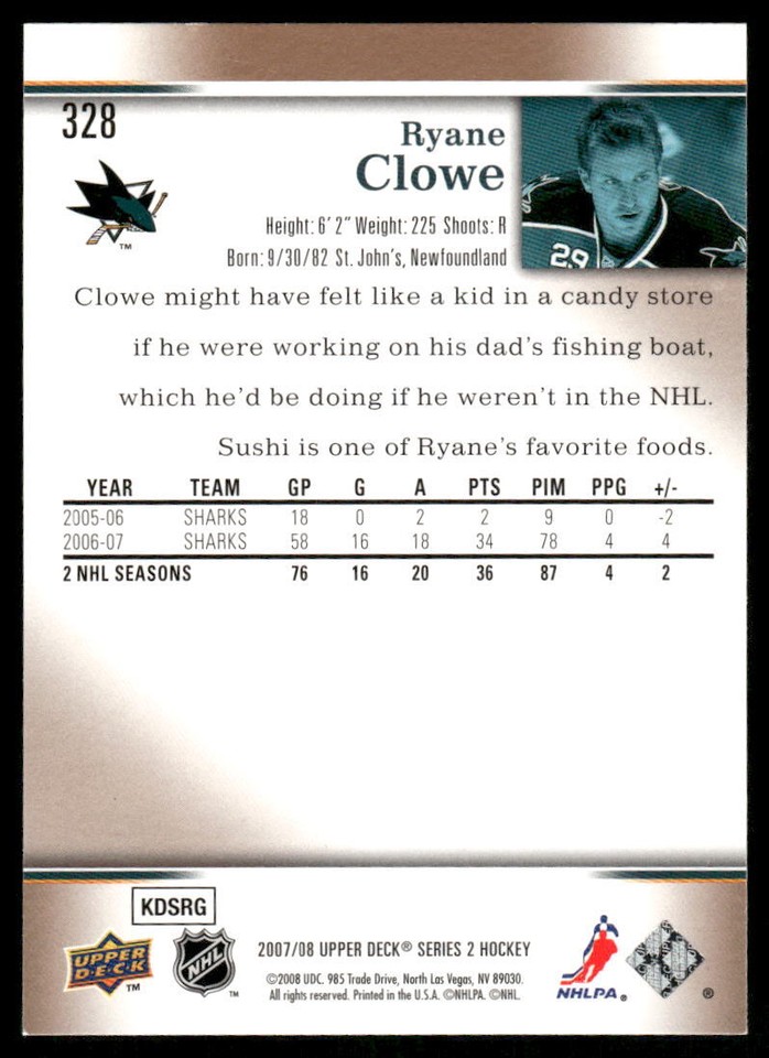 200708 Upper Deck Ryane Clowe 328 San Jose Sharks eBay