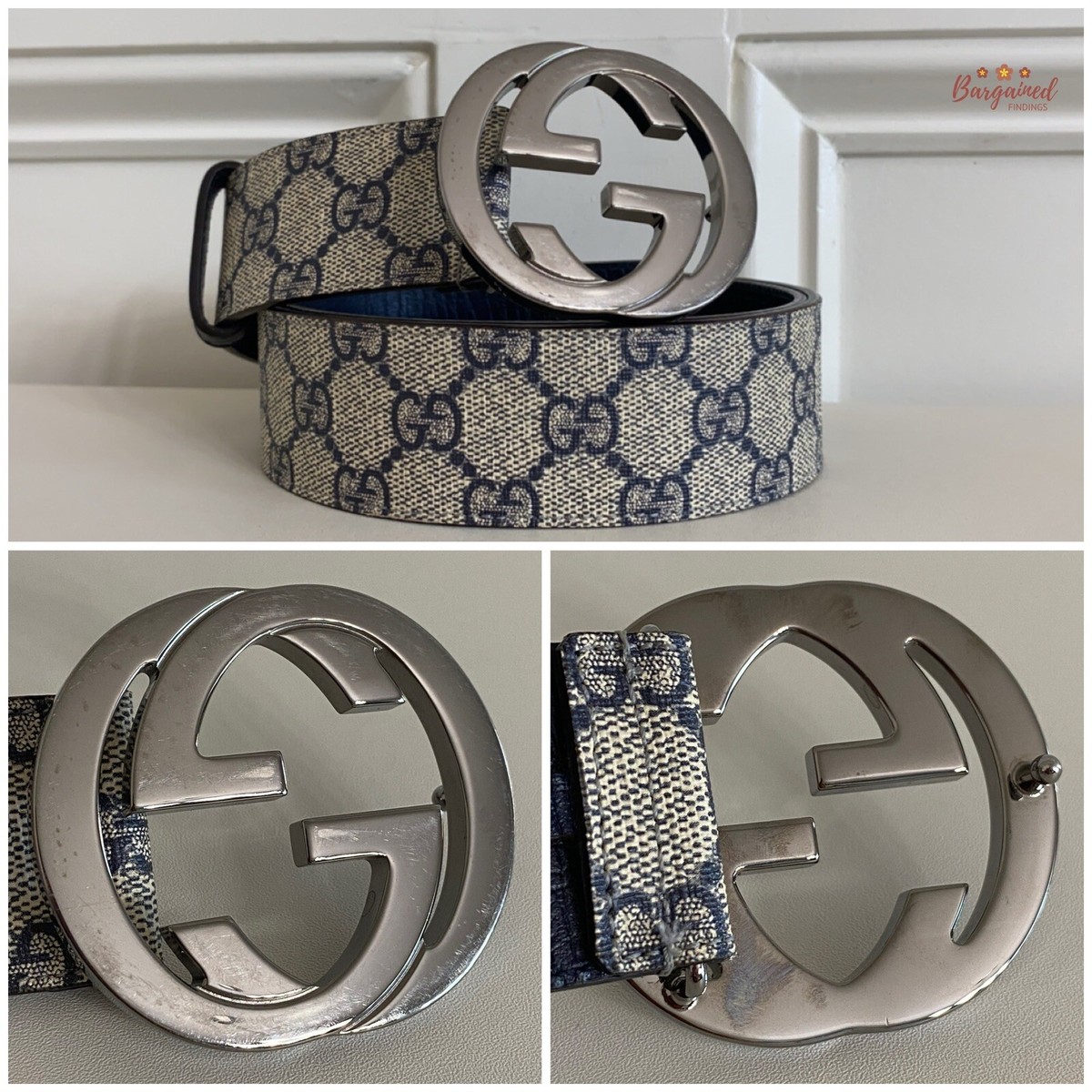 GUCCI 水色 レザー ベルト Belt with Interlocking G detail in blue and dark blue
