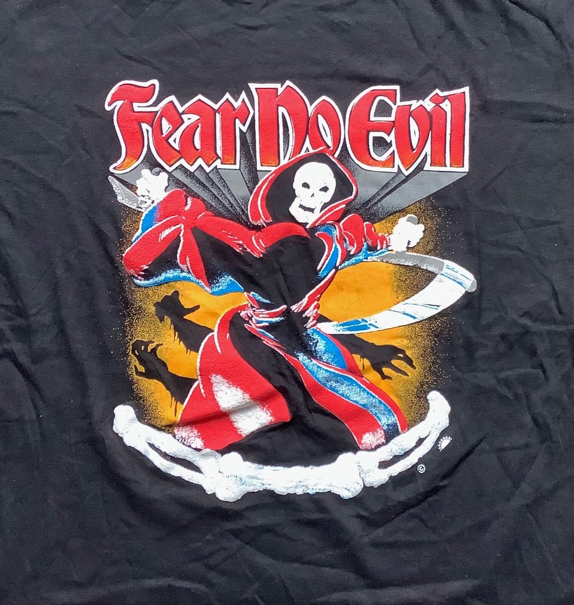Vtg 90s Fear No Evil T Shirt Single Stitch Reaper Biker Metal