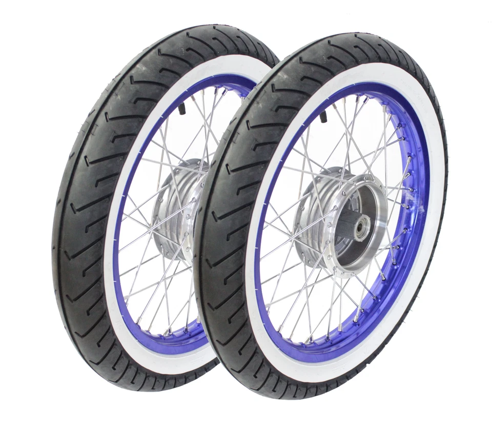 Paar Kompletträder blau Weisswand Reifen pas. f Simson S51 S50 S53 Schwalbe Star - Bild 1 von 1