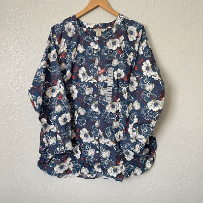 Duluth Trading Women Plus Sz 1X Blue Floral Poppy Button Up Tunic Shirt Wrinkle