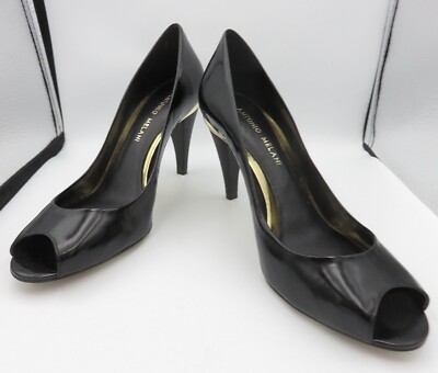 Antonio Melani Vero Cuoio Patent Leather Black 3.5  Gold Heel Open Toe Shoes 8M