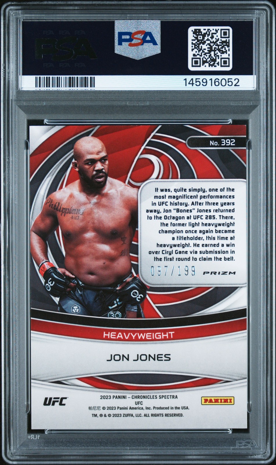 2023 PANINI CHRONICLES UFC RED #392 JON JONES 97/199 PSA 9 view 2