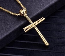 Fashion Baseball Bat Cross Titanium Pendant Jewelry Necklace-Gold Color