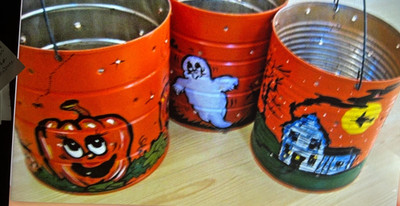 Set of 3 Vtg HALLOWEEN PUNCHED TIN LUMINARIES HandMade Painted OUTDOOR LANTERNS