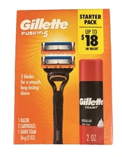 Gillette Fusion 5 Gift Pack Razor, Cartridge, & 2 Oz Shave Foam 5 Blades Boxed