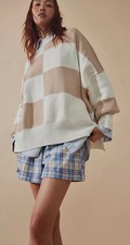 Free People Easy Street Checked Tunic Sweater Oversize White Sand Combo S NWT