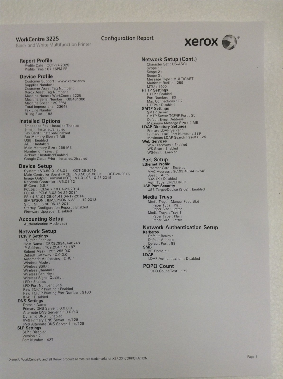 Xerox WorkCentre 3225 Wireless Mono Laser Printer USB Network 256MB 23k working