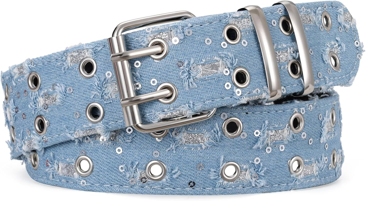 Double Grommet Belt PU Leather Punk Belt for Women Men Jeans 