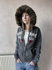 Abercrombie  Fitch Faux Fur Hood Grey Y2K Zip Hoodie Size M