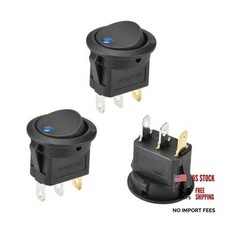 3PCS Rocker Toggle Switch - 12V 20A Round Dot Lighted - Blue