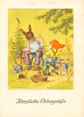 Easter 1961 Art Lambertz Humanized Rabbit Paints Egg Dwarf Fantasy postcard B808