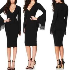 Nookie Iris Black Fringe Long Sleeve V-Neck Midi Dress NWT Small