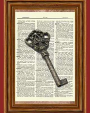 Skeleton Key Dictionary Picture Art Print Book Page OOAK Wall Hanging Keys Brass