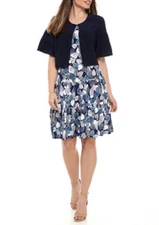 NEW PERCEPTION NAVY BLUE WHITE FLORAL CAREER  JACKET FLARE DRESS SIZE XL $108