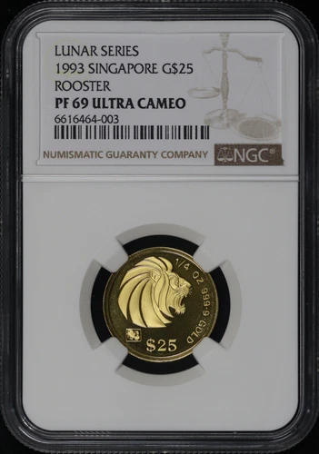 1993 Singapore $25 Gold Lunar Series Rooster 1/4 oz NGC PF-69 UC - Low Mintage!