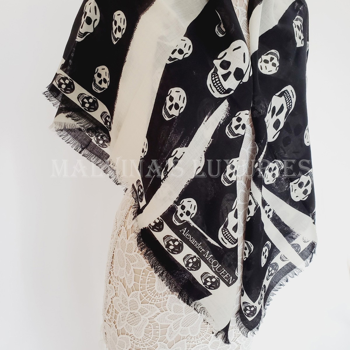 ALEXANDER MCQUEEN SCARF SLASHED SKULL PRINT BLACK WOOL
