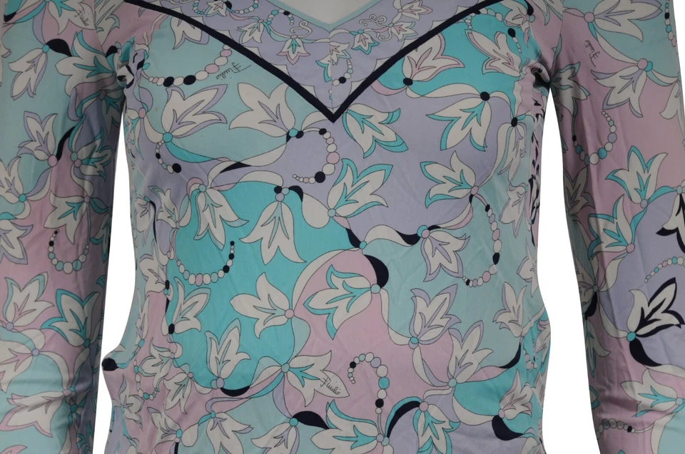 Top Emilio Pucci Floral Cuello en V Talla US8 IT38 Azul Púrpura Rosa Viscosa Manga Larga Foto 3 de 4