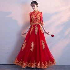 Women Chinese Wedding Bride Long Dress Cheongsam Embroidery Slim Prom Gown Red