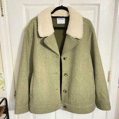 Old Navy Soft Faux Wool Green Sherpa Collard Button Front Bomber