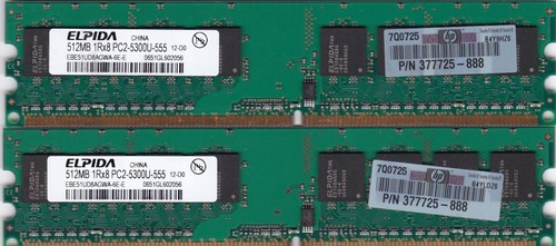 1GB 2x512MB PC2-5300 ELPIDA EBE51UD8AGWA-6E-E HP 377725-888 DDR2-667 Memory Kit