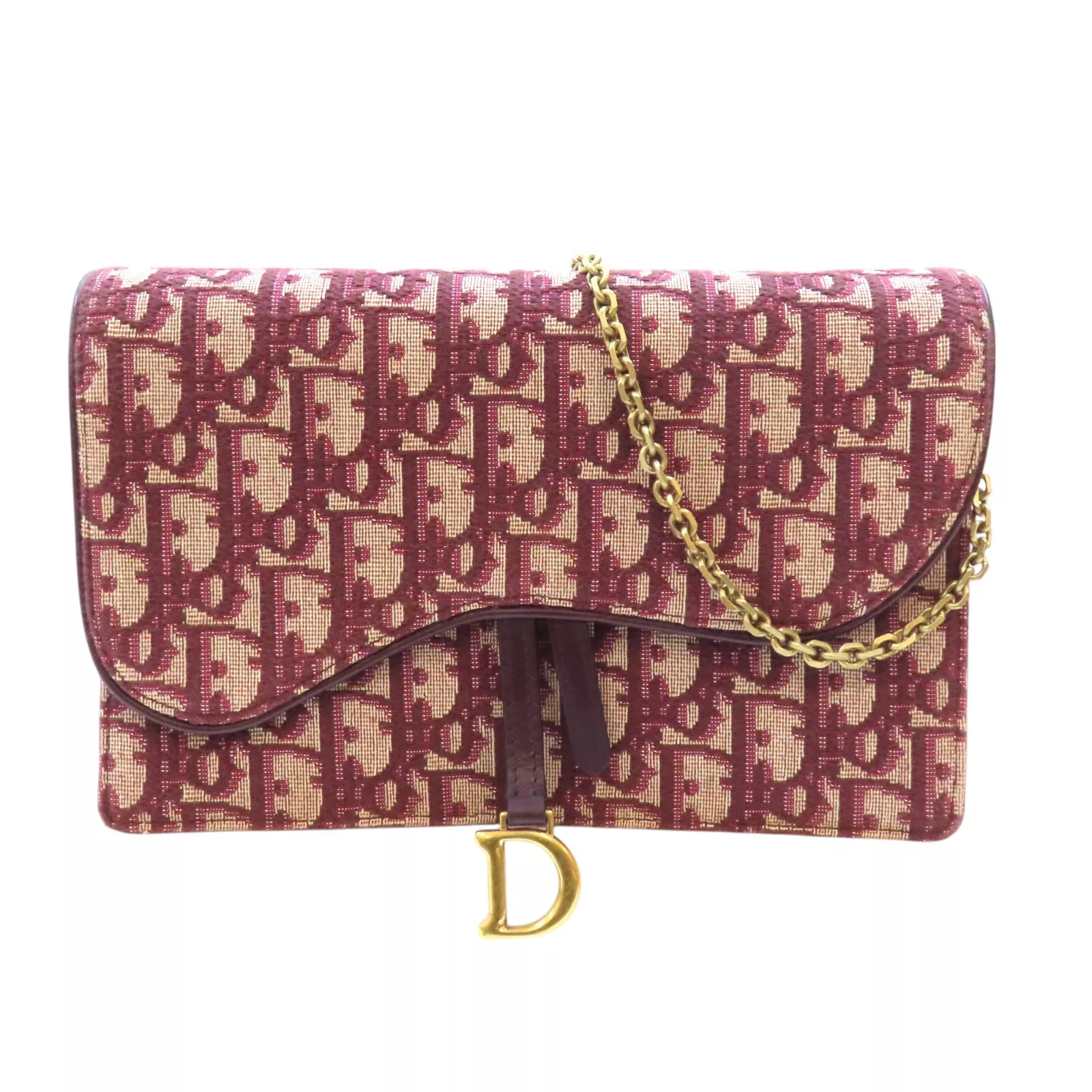 DIOR Portefeuille Selle Oblique sur Chaîne Sac Bandoulière Toile Bordeaux