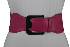 Women Fashion Elastic Pink Faux Leather Stretch Fabric Belt Metal Buckle M L XL