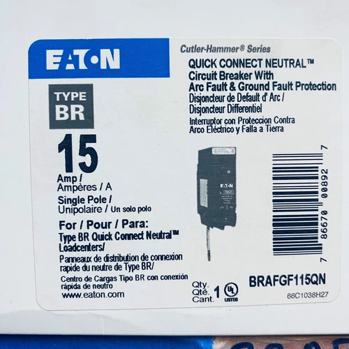 EATON BRAFGF115QN BREAKER 1POLE 15A ARC/GRND FAULT NEW IN BOX READY TO SHIP