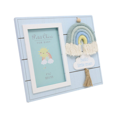 Bilderrahmen Holz Bild Regenbogen Makramee blau kleiner Mann Petit Cheri Display